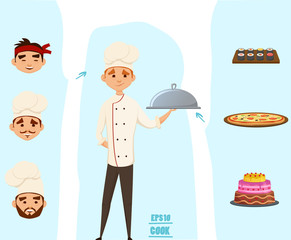 Cook set with different faces and  dishes, sushi chef, pizza , baker.Vector illustration. cartoon. trend.