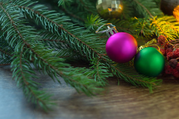 Obraz na płótnie Canvas Christmas decorations on a wooden background