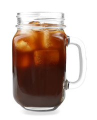 Jar of iced coffee on white background
