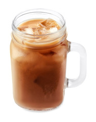 Jar of iced coffee with milk on white background