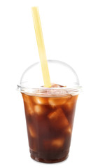 Plastic cup of iced coffee and straw on white background