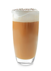 Glass of coffee with cream foam and cocoa powder on white background