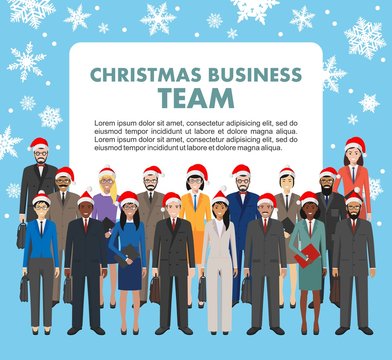 Christmas business team. Group of business men and women standing together in Santa Claus hats on blue background in flat style. Teamwork concept. Different nationalities and dress styles.