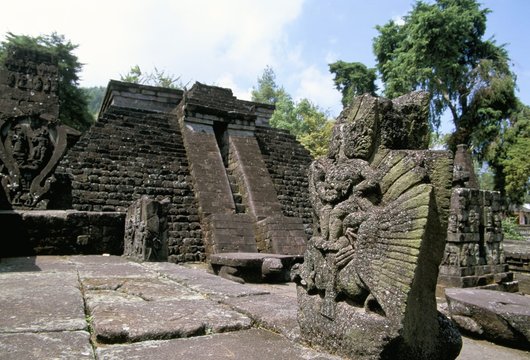 Garuda in front of the 15th century temple of Candi Sukuh, on slopes of Gunung Lawu, east of Solo, thought to be linked to fertiflity cult, island of Java, Indonesia