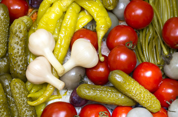 Pickled vegetables, cucumber tomatoes asparagus and garlic cabbage