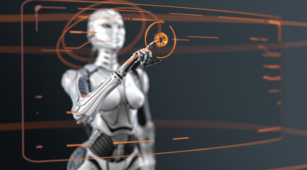 Futuristic fembot gynoid managing virtual interface in digital space