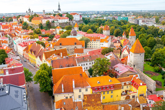 Aerial view on the old town of Tallin on the cloudy weather, Estonia