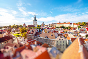 Cityscape aerial view on the old town with saint Nicholas church tower and Toompea hill in Tallin,...