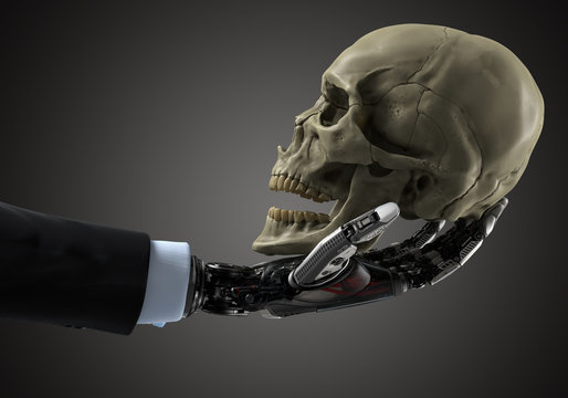 Business robotic arm holding human skull. Artificial intellegence concept