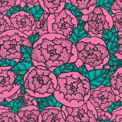 Doodle seamless pattern. Peony vector illustration. Sketch style