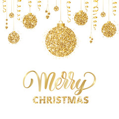 Fototapeta na wymiar Merry christmas card with hand drawn lettering and golden glitte