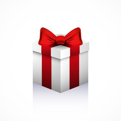 White gift box with red bow and tape, isolated on white, vector