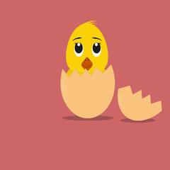 Fluffy little cartoon chick hatched from an egg 