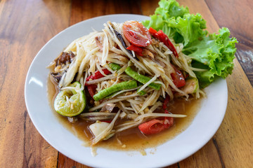 Som Tum, Papaya salad with Pickled crab ,Thai food, Thailand