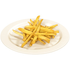 French fries in white plate isolated on white background, 3d illustration
