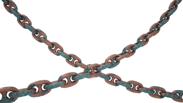 Two intersecting old oxidized copper chain on white background. 3D illustration