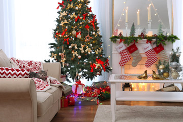 Interior of beautiful living room decorated for Christmas