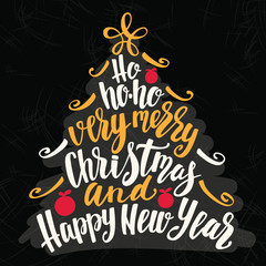 Christmas and Happy New Year tree word cloud, holidays hand lettering collage.