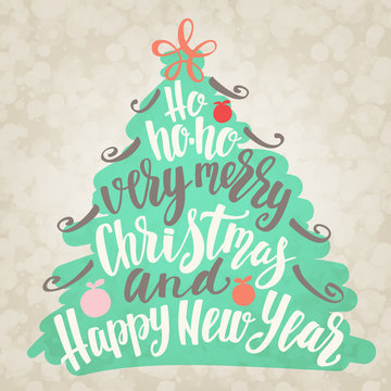 Christmas and Happy New Year tree word cloud, holidays hand lettering collage.