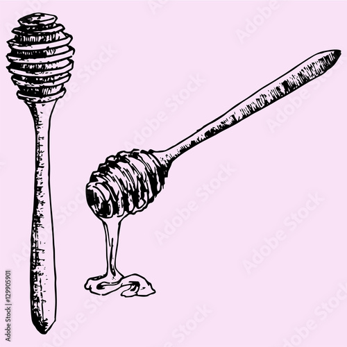 "Wooden honey dipper, doodle style sketch illustration hand drawn