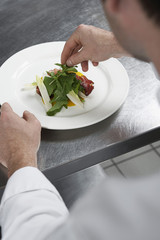Closeup of a male chef preparing salad in kitchen