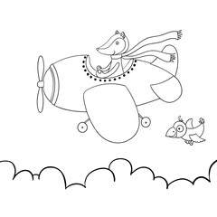 Cute cartoon fox flying on airplane. Awesome vector contour illu