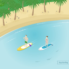 Isometric view. Sup surfing. Man and woman do stand up paddling on water. Vector illustration. 