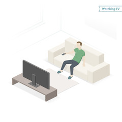 Single man on the couch watching TV, changing channels. Isometric view. Vector illustration.