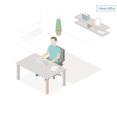 Man working from home on laptop computer. Home office. Isometric view. Vector illustration.
