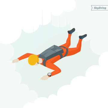 Extreme sport. Parachuting. Skydiver in orange suit. Isometric view skydiver on cloud background. Vector Illustration.