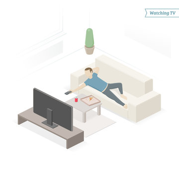 Single man with pizza and soda on the couch watching TV, changing channels. Isometric view. Vector illustration.