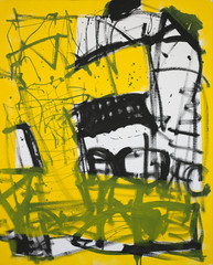 Abstract art background. Oil painting on canvas. Black, white and yellow texture. Fragment of artwork. Spots of oil paint. Brushstrokes of paint. Hand-painted. Modern art. Contemporary art