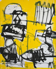 Abstract art background. Oil painting on canvas. Black, white and yellow texture. Fragment of artwork. Spots of oil paint. Brushstrokes of paint. Hand-painted. Modern art. Contemporary art
