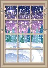 winter Christmas window with a view of the snowy forest. Christmas card.