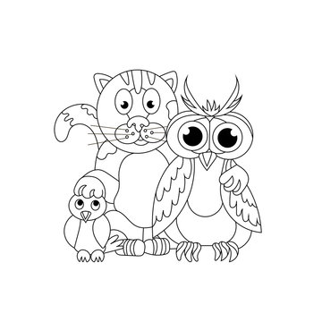 Friendly company. Cat, owl and titmouse. Coloring book. Friendsh