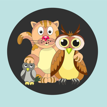 Friendly company. Cat, owl and titmouse.  Friendship. - Stock ve