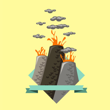 Eruption of a volcano in a flat style on blue banner