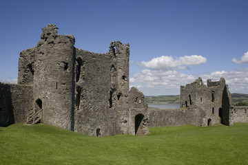 Towers and wall inside Llansteffan castle, Llansteffan, Carmarthenshire, Wales