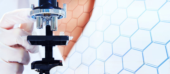 Research scientists in the microscope  with Hexagonal cell