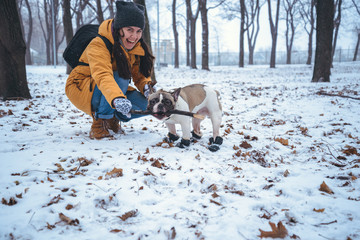 Fototapeta na wymiar French Bulldog dog playingin the winter with woman