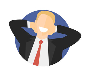 Satisfied relaxing man flat icon. Work done concept. Happy impersonal businessman. Vector image