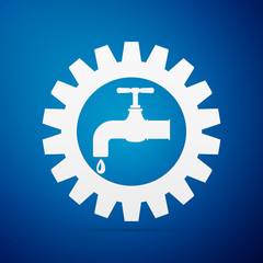 Gearwheel with tap sign as plumbing work logo flat icon on blue background. Vector Illustration