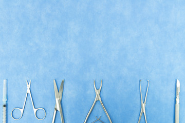 Sterilized surgical instruments on the blue wrap for inhibiting infection