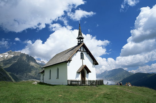Mountain church overlooking the Aletsch Glacier, Belalp, Brig, Valais
