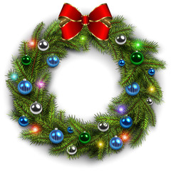 Christmas wreath with shiny balls and lights on white
