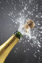 Champagne bottle popping cork close-up