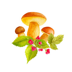 Watercolor composition with hand painted forest berries, leaf and flowers in bright cartoon style