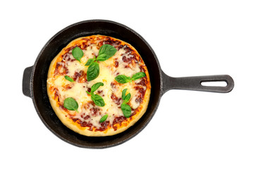 Freshly baked pizza in a pan on white background