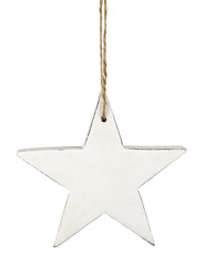 White wooden Christmas star tag isolated on white