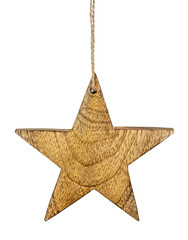 Brown wooden Christmas star tag hanger isolated on white